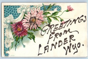 Lander Wyoming WY Postcard Greetings Message Flower Glitter Vintage Posted