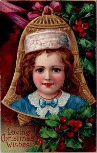 Christmas Beautiful Victorian Girl Blue Dress Golden Bell Hollyberry Postcard Z1