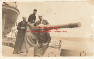 US Navy, RPPC, Sailors Hanging out with Ship Artillery