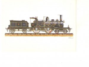 Train locomotive 2-2-0-, built in 1880 Modern Spanish Postcard 1980s. Signed