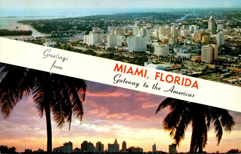 Florida Greetings From Miami Beach Split View Showing Skyline