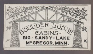 McGregor MINNESOTA c1920s BOULDER LODGE CABINS Advertising BIG SANDY LAKE Map