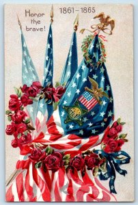 c1910s Gar Civil War Honor The Brave Flags Patriotic Roses Flowers Tuck Postcard
