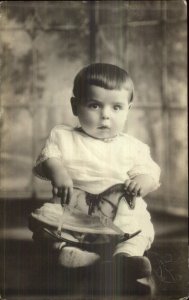 Sweet Little Boy w/ Wooden Rocking Horse Toy Studio Real Photo Postcard