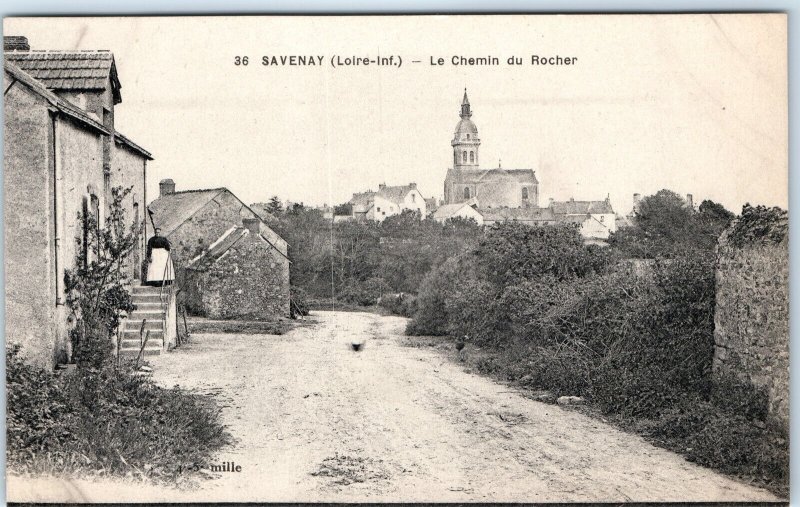 c1910s Savenay, France Le Chemin du Rocher Church Tower Rustic Houses Path A359