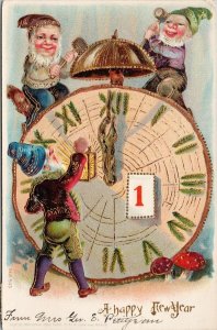'A Happy New Year' Elves Gnomes Clock Mushroom Elf #503 Souvenir Postcard G58