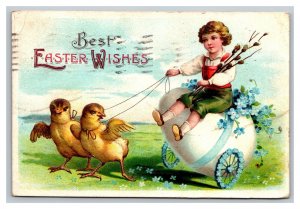 Vintage 1912 Easter Postcard Child on Giant Egg Wagon Pulled by Giant Chicks