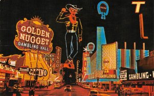 Fremont Street LAS VEGAS NV Golden Nugget Casino Neon Cowboy Night 1962 Postcard