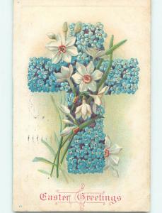 Pre-Linen easter religious JESUS CROSS MADE OF FORGET-ME-NOT FLOWERS hr2203