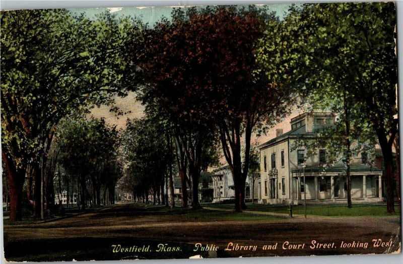 Public Library and Court Street Looking West, Westfield MA c1911 Postcard X24