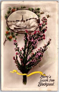 Blackpool England UK, 1927 Storm Scene, Heather Bouquet with Greetings, Postcard