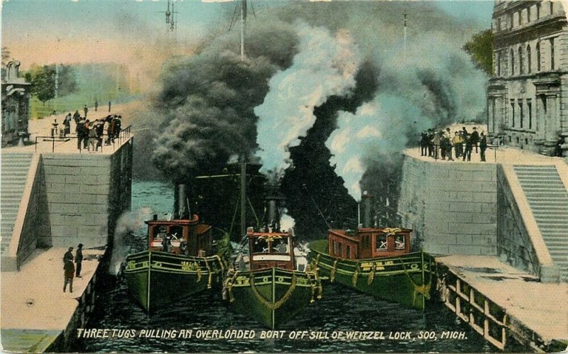 MI, Soo, Michigan, Sill of Weitzell Lock, Three Tugs Pulling Overloaded Boat