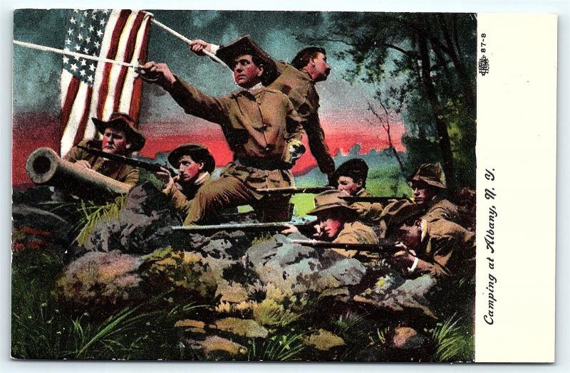 Postcard Patriotic Camping at Albany NY WW1 Soldiers Cannon Flag Guns F03