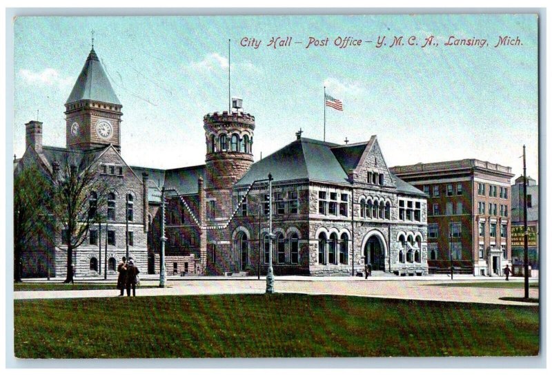 c1910 City Hall Post Office Y.M.C.A. Exterior Building Lansing Michigan Postcard 
