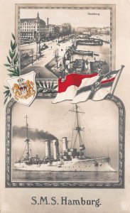 S.M.S HAMBURG SHIP & TOWN VIEW FLAG COAT OF ARMS GERMANY POSTCARD (1917)