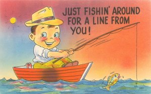 Man in Boat Just Fishin' Around for a Line From You Comic Postcard