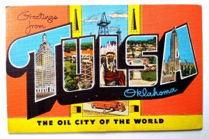 Greetings From Tulsa Oklahoma Large Big Letter Linen Postcard Kropp Oil City