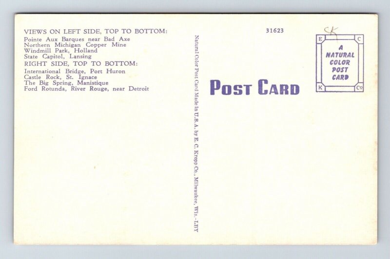 Michigan State Map Cities Multi View Scenic Landmarks Linen Postcard 