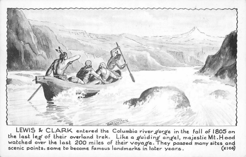 LEWIS & CLARK Columbia River Indians, Canoe Oldfield Art c1940s Vintage Postcard