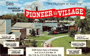 Minden Nebraska~Pioneer Village-Fire House-Locomotive-Stores~1961 Postcard