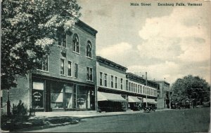 Postcard Vermont Enosburg Falls Main Street View Bank Shops Drug Store 1943 V81