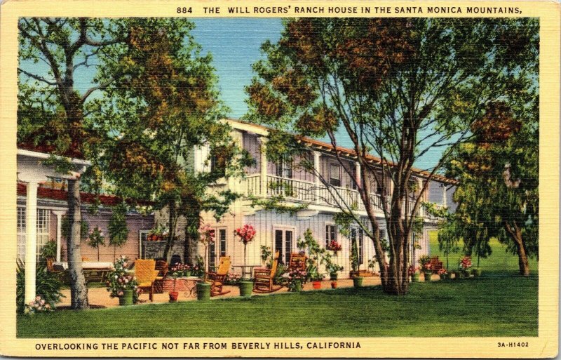 Will Rogers Ranch House Santa Monica Mts Beverly Hills California Linen Postcard 