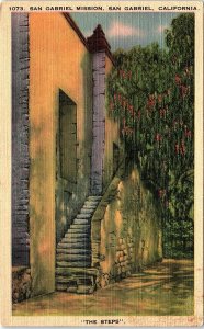 1930s SAN GABRIEL CALIFORNIA SAN GABRIEL MISSION THE STEPS LINEN POSTCARD 42-293