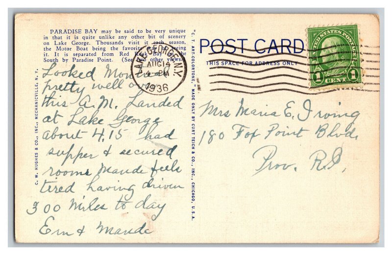 c1936 Postcard NY Paradise Bay Black Mtn. Lake George New York 