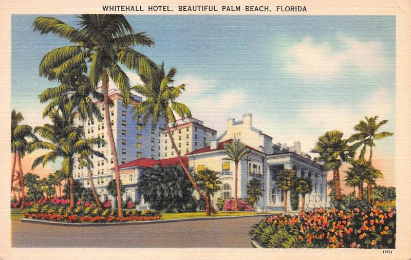 Whitehall Hotel, Beautiful Palm Beach, Florida, Early Linen Postcard, Unused