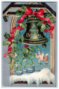 Christmas Angel Bare Butt Holly Berries Mistletoe Bells Embossed Posted Postcard 