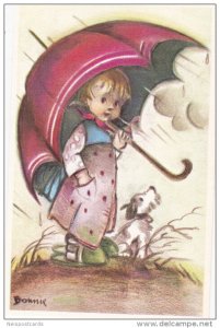 AS: Bonnie, Little Girl Holding a Big Umbrella on a Rainy Day, Dog Beside Her...