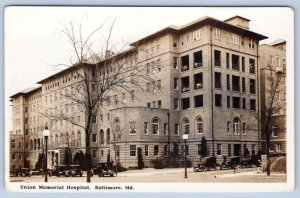 1920's RPPC UNION MEMORIAL HOSPITAL BALTIMORE MARYLAND MD OLD CARS POSTCARD