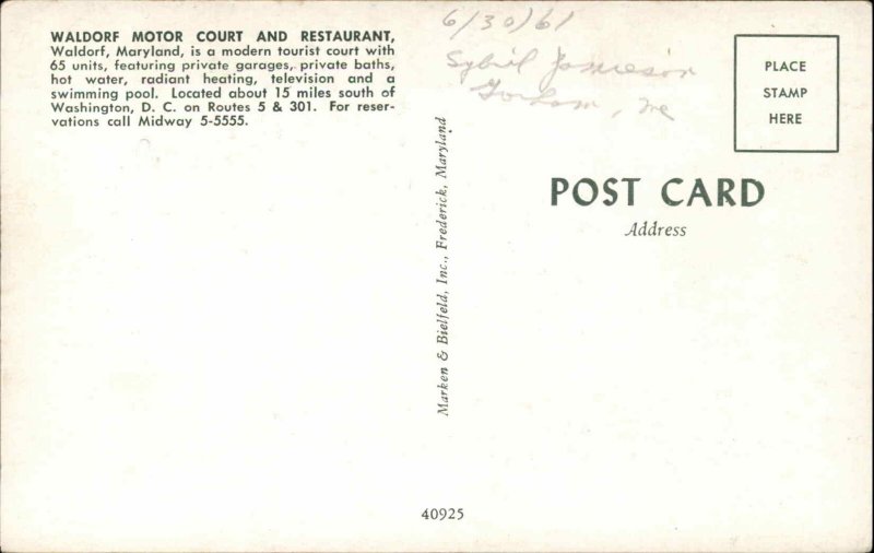 Waldorf Maryland MD Motel Vintage Postcard