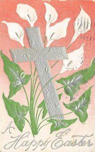 HAPPY EASTER 1906 Embossed Postcard Lilies Silver Cross