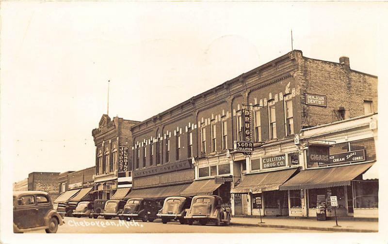 Cheboygan MI Street View Store Fronts Cigar Store Old Cars, 1941 RPPC
