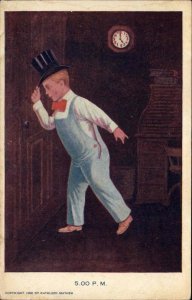 Mathew Working Little Boy Series 5:00 PM Overalls Top Hat Leaving Work c1910 PC