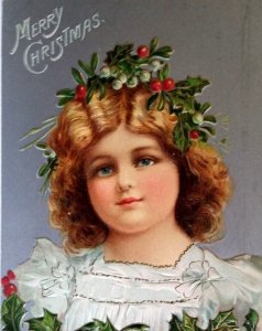 Christmas Postcard Victorian Girl Poinsettias In Hair Germany Embossed Vintage
