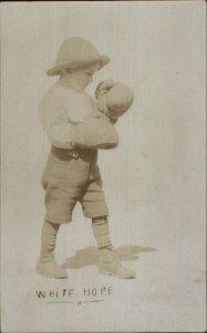 Little Boy Boxer Boxing Gloves WHITE HOPE c1910 Real Photo Postcard