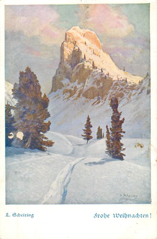 Mountaineering Austria winter scenic artist postcard L. Scheiring