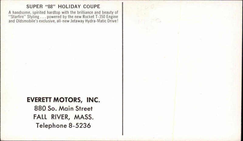 Car Auto Oldsmobile 88 Holiday Coupe Fall River MA Everett Motors 1956 PC #2 