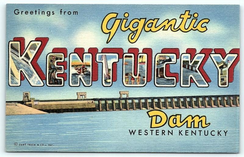 Postcard KY Large Letter Greetings From Gigantic Kentucky Dam Vintage Linen