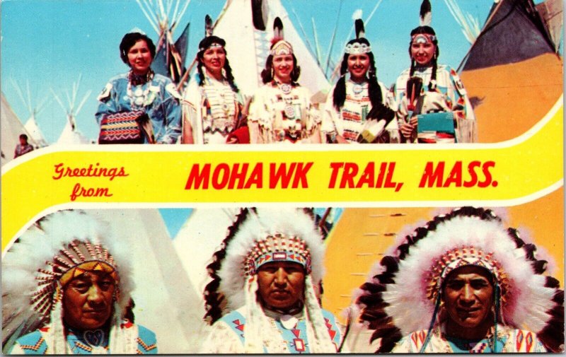 Greetings Banner Mohawk Trail Massachusetts Multi View Indians Chrome Postcard 