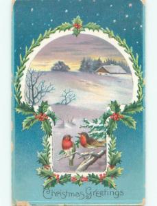 Pre-Linen christmas BIRDS ON BRANCH ON WINTER NIGHT W7256