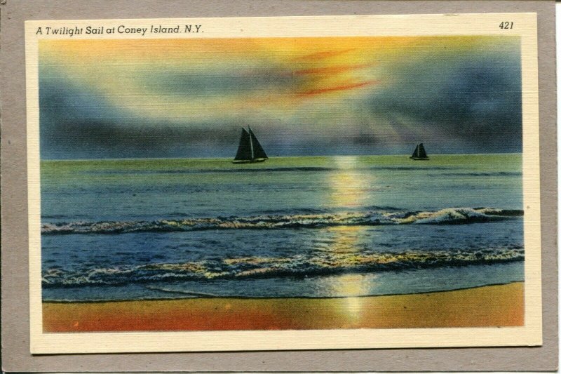  Postcard NY Coney Island Beach Scene Sunset Sailboat Shoreline 2466N