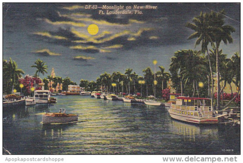 Moonlight On New River Fort Lauderdale Florida 1958 Curteich