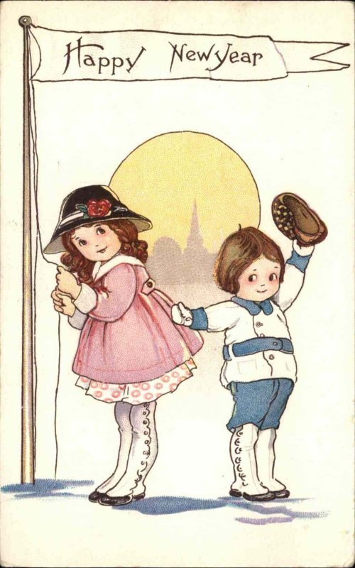 New Year Stecher Ser 644F Children Fly New Year Banner Vintage Postcard