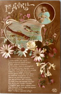 Postcard French April Fool Poisson D'avril - poem with fish and girl in portrait
