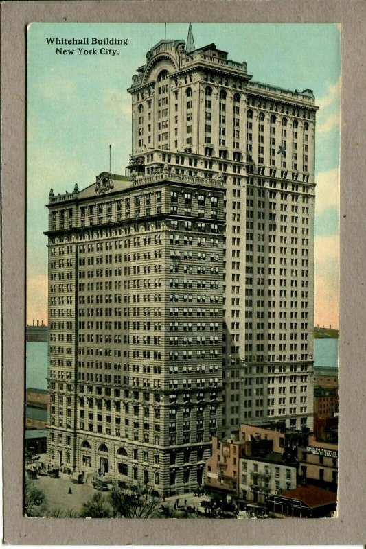  Postcard NY Whitehall Building Old Cars Water -986