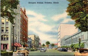 Postcard IL Evanston Orrington Avenue Traffic Lights Tailor Shop LINEN 1950 S115