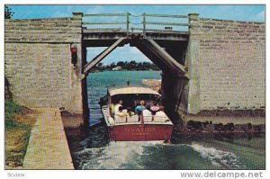 Somerset Bridge, World's smallest drawbridge, Ovation, power boat going under...